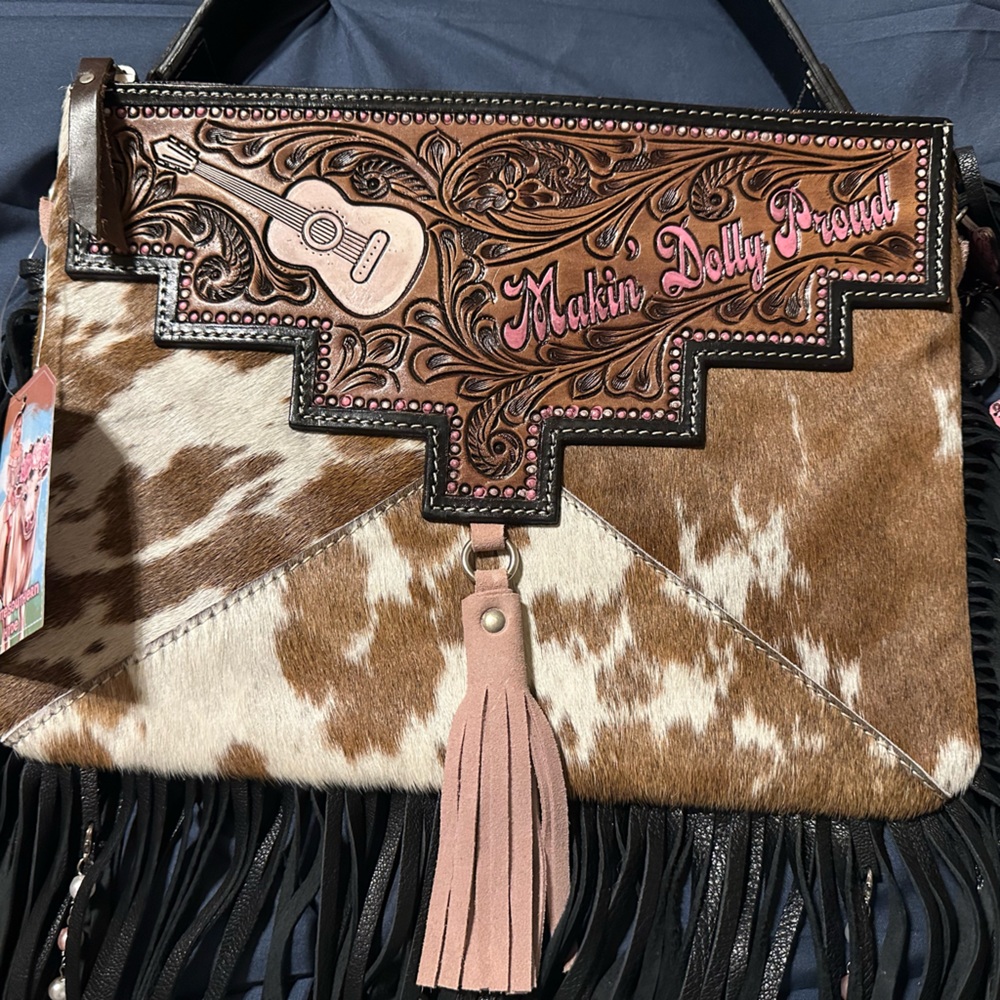 Dolly Parton Cowhide and Leather Fringe Bag with Guitar Design